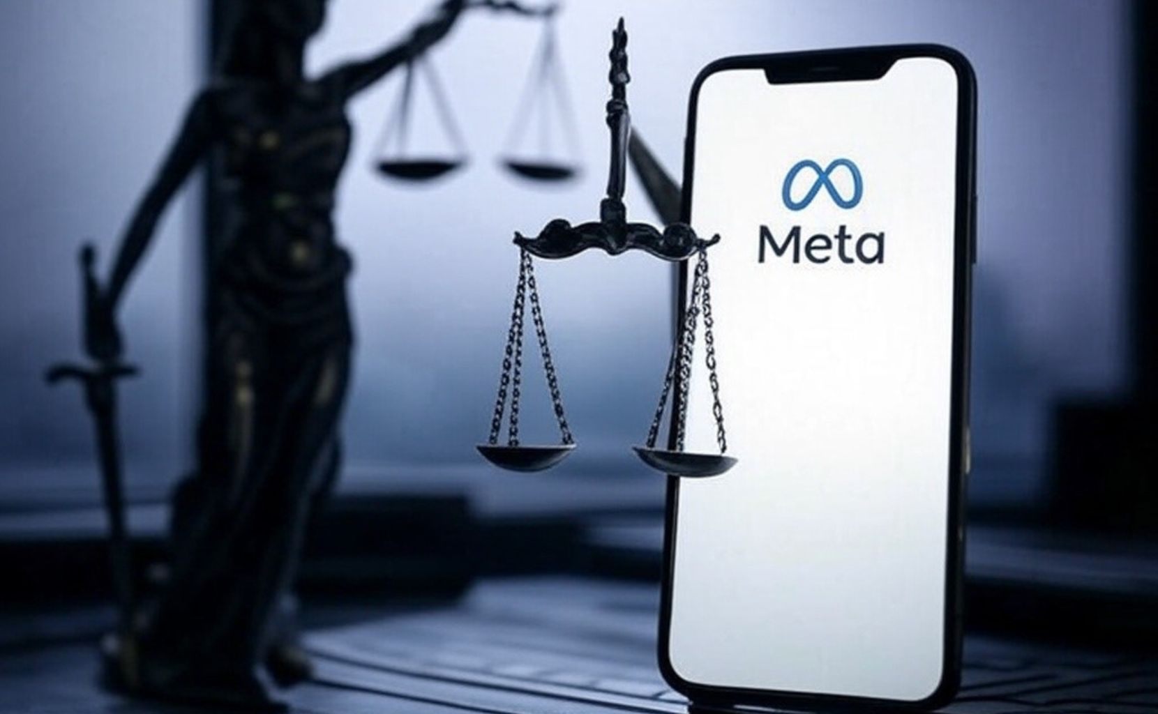 Smartphone con il logo di Meta sullo schermo accanto a una statua della giustizia con la bilancia.