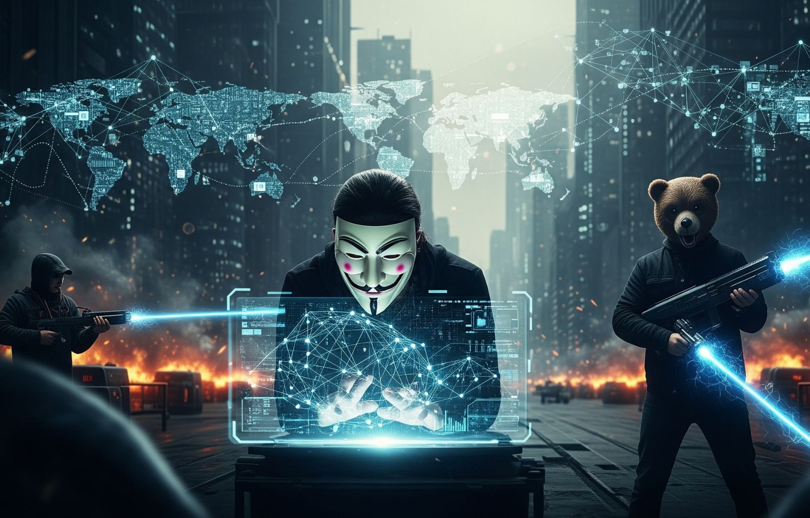 Una persona con maschera di Anonymous e una con maschera da orso in uno scenario di cyberwarfare.