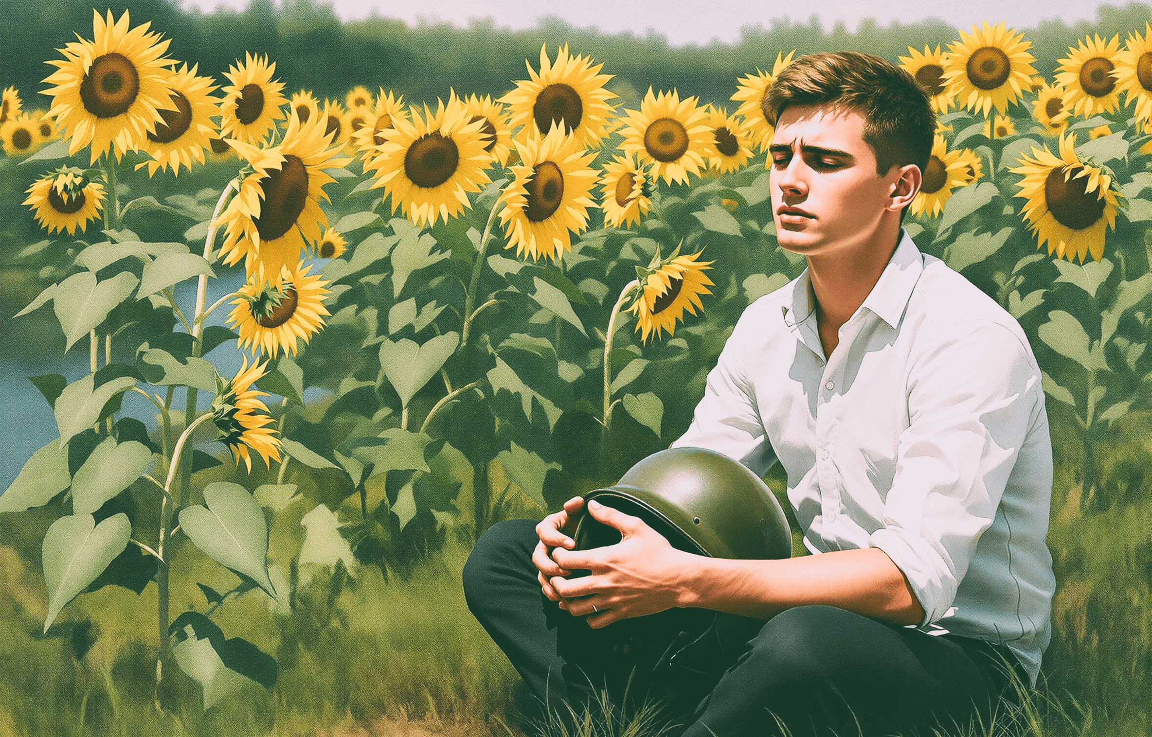 ukrainian man sunflower helmet