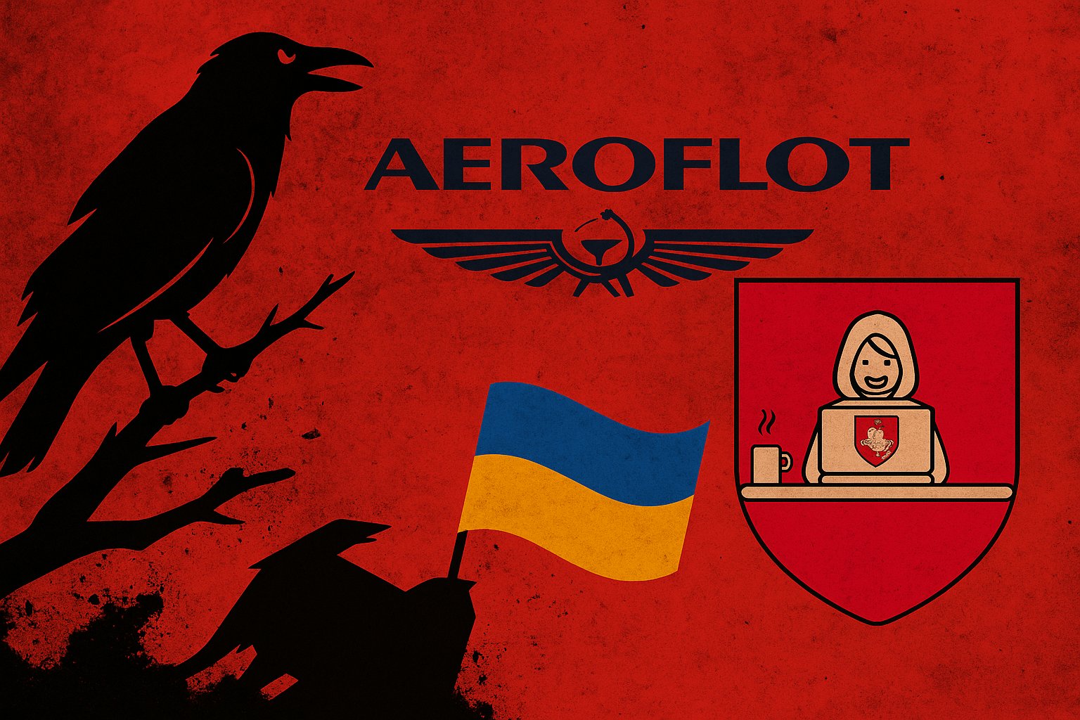 Illustrazione simbolica del cyberattacco ad Aeroflot: un corvo nero rappresenta Silent Crow, accanto al logo Aeroflot, la bandiera ucraina e lo stemma dei Cyberpartigiani della Bielorussia. Lo sfondo rosso e le texture digitali evocano tensione e guerra cibernetica.