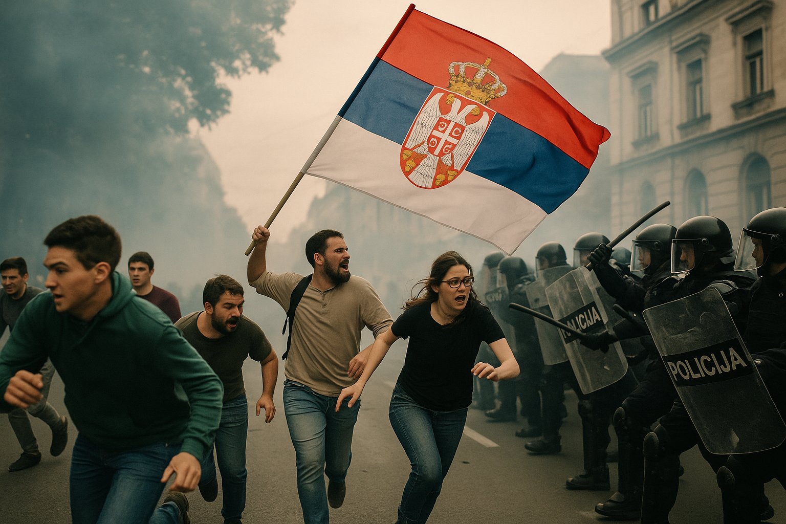 Protesters run from riot police in Belgrade as a Serbian flag waves amid smoke and tension.