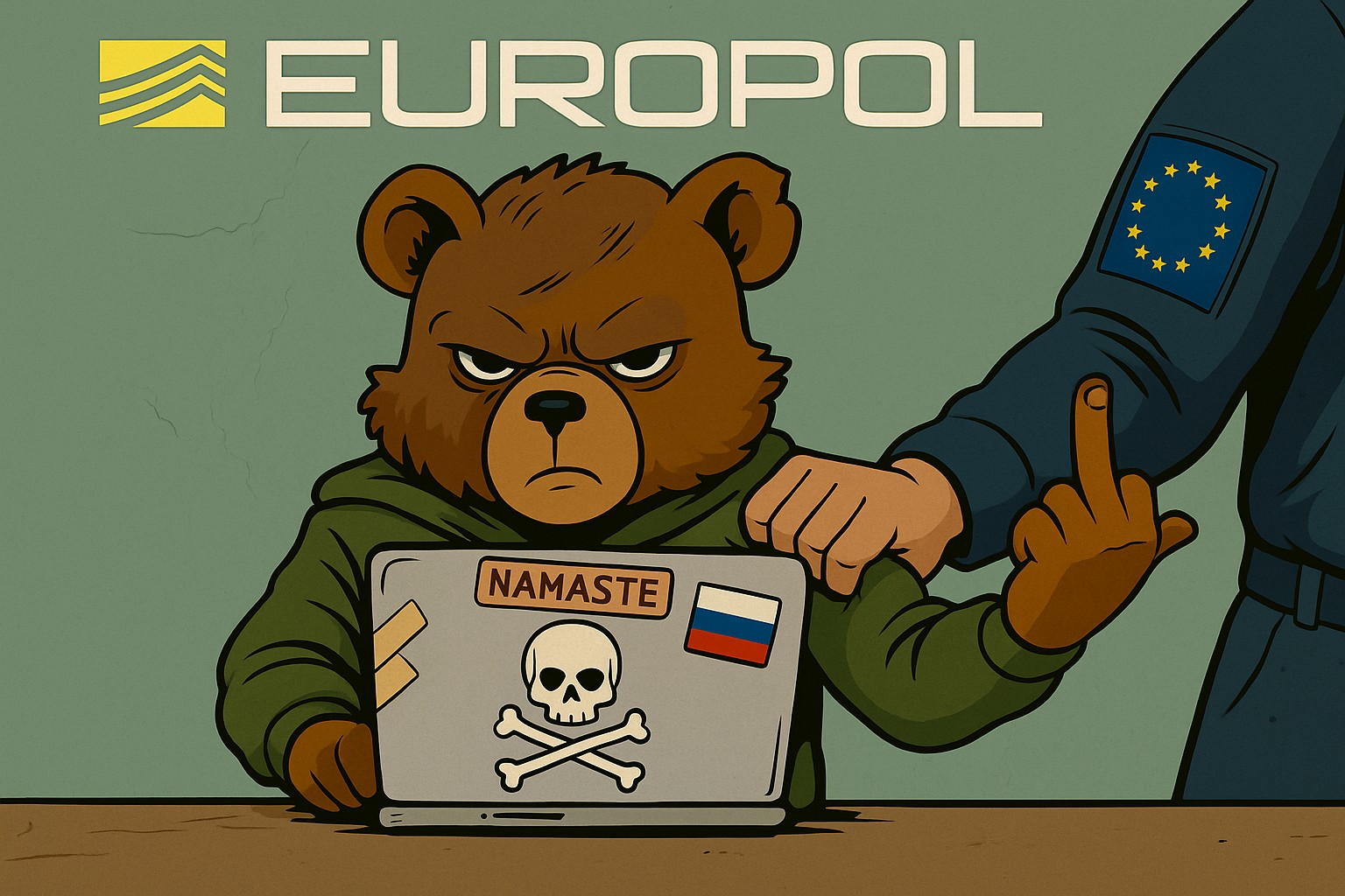 Un orso antropomorfo in felpa verde viene trattenuto da un agente Europol, davanti a un laptop con adesivo della bandiera russa e simbolo del cybercrimine.