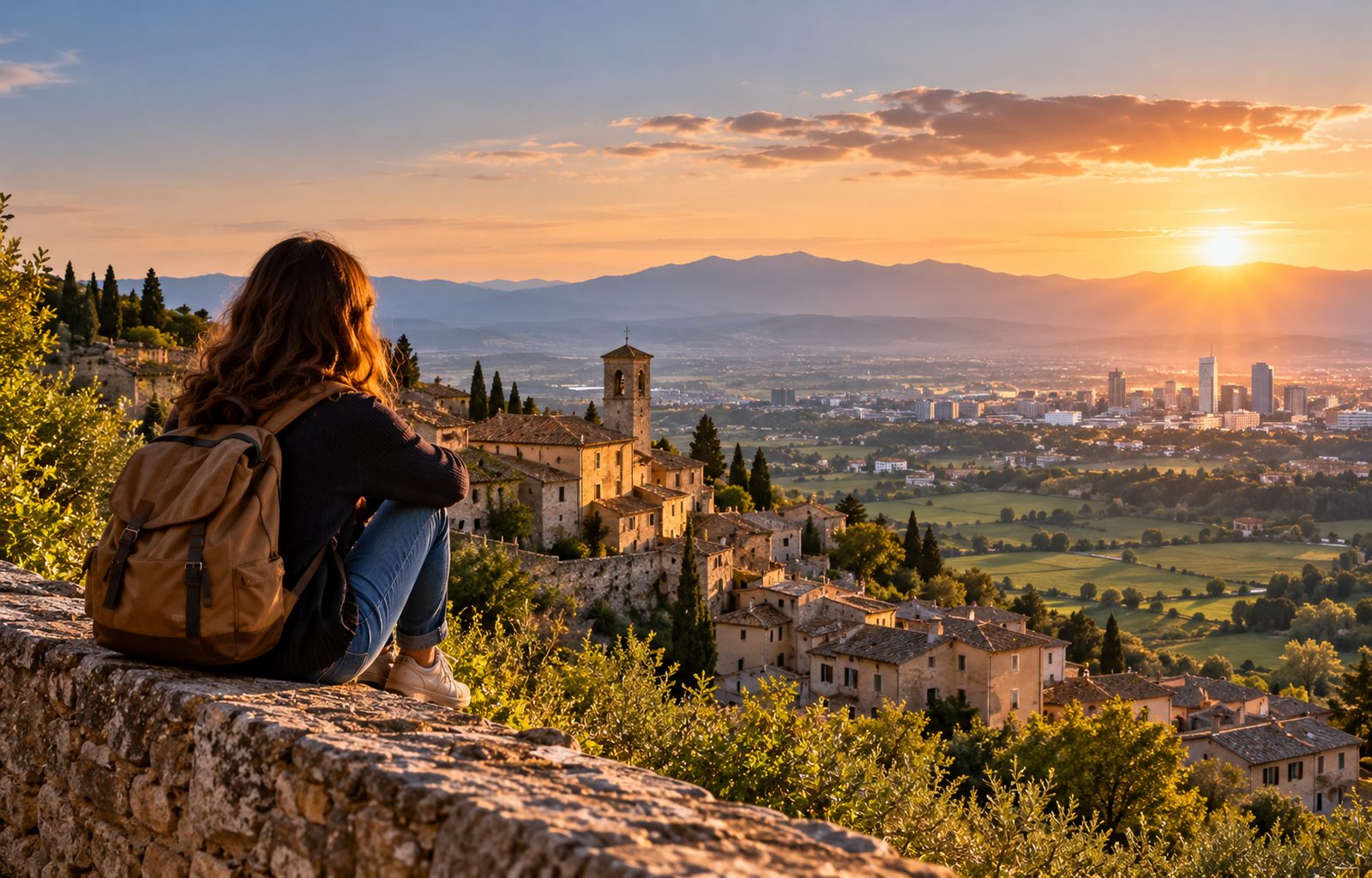 europa-liberta-di-restare — giovane che osserva un borgo e una città europea, simbolo della libertà di scegliere dove costruire il proprio futuro.