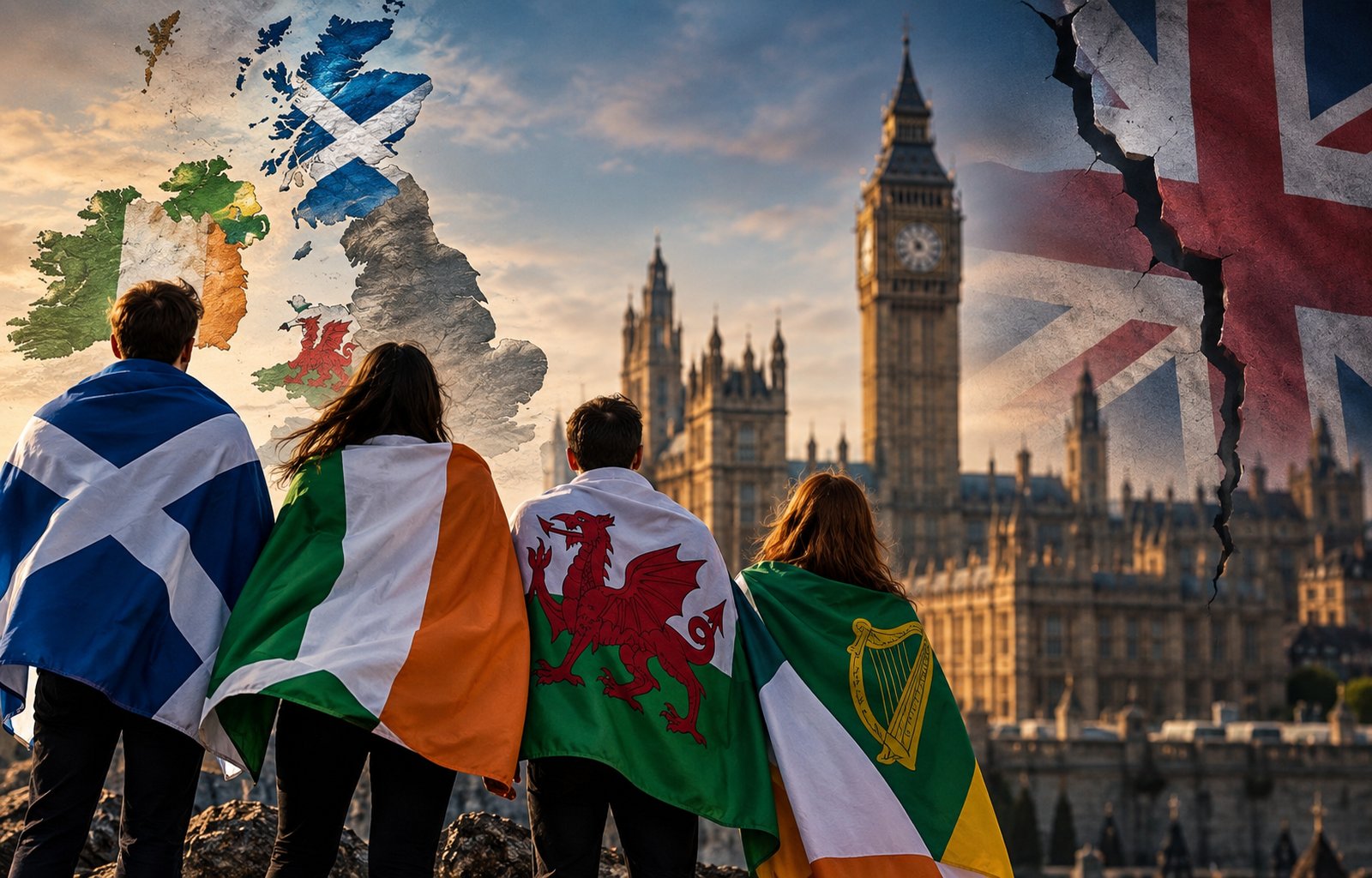 indyref2-westminster-asse-cardiff-risveglio-celtico: Scozia, Galles e Irlanda davanti a Westminster in una rappresentazione simbolica del nuovo fronte celtico.