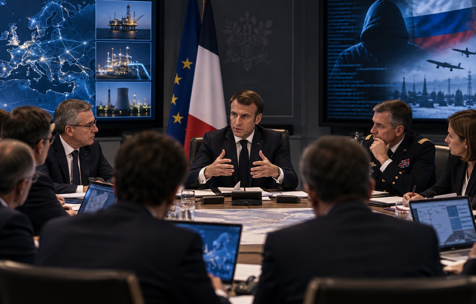 macron-blinda-la-francia-contro-la-minaccia-ibrida-russa – Emmanuel Macron durante una riunione strategica sulla protezione delle infrastrutture critiche francesi da minacce cyber, droni e attacchi ibridi.