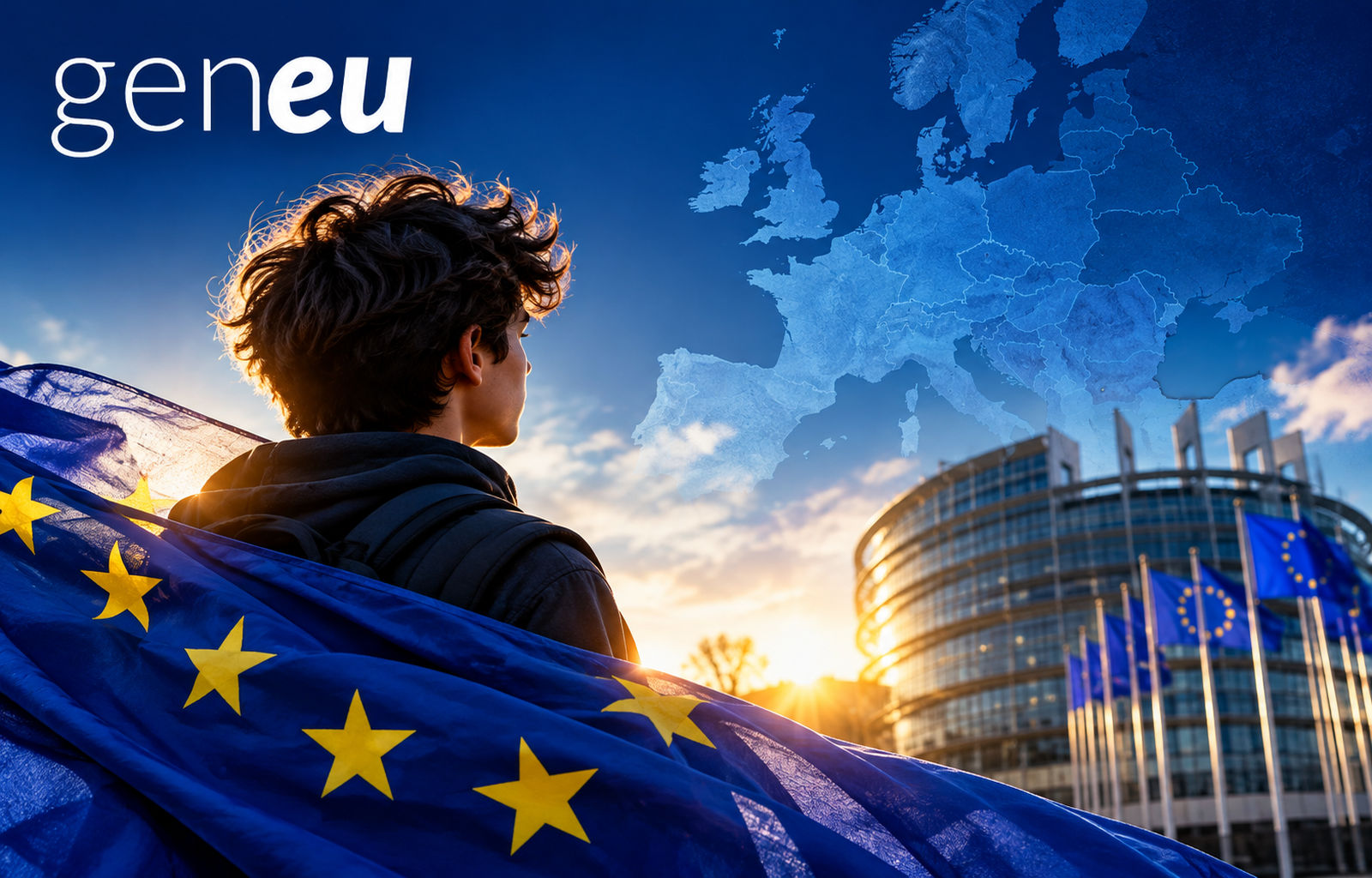 Giovane avvolto nella bandiera dell’Unione europea osserva il Parlamento europeo, con una mappa dell’Europa sullo sfondo e il logo Generation Europe.